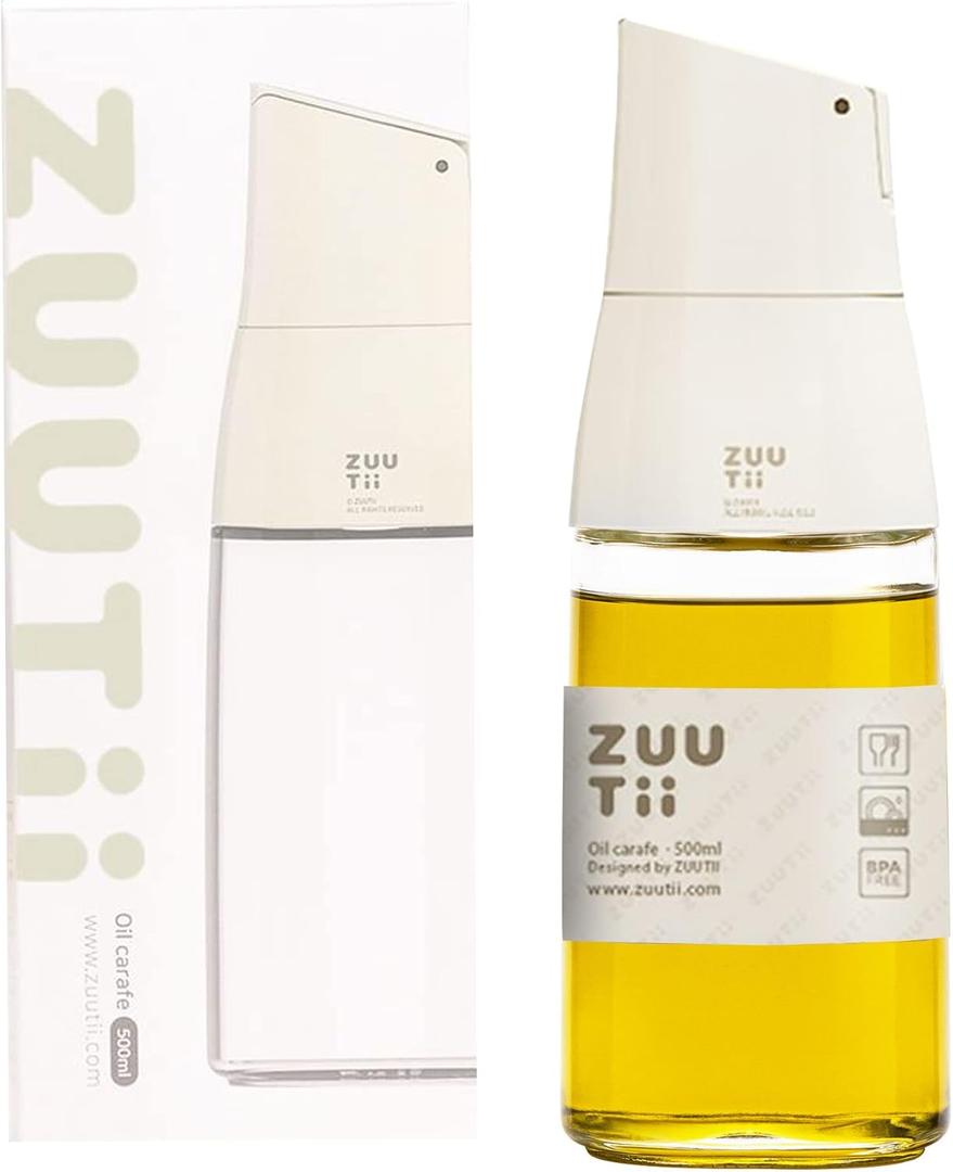 Zuutii Olive Oil Dispenser, Drip Free Spout Oil Container for Kitchen.Vinegar Dispenser, Glass Bottle for Cooking,500ML,Light Cream