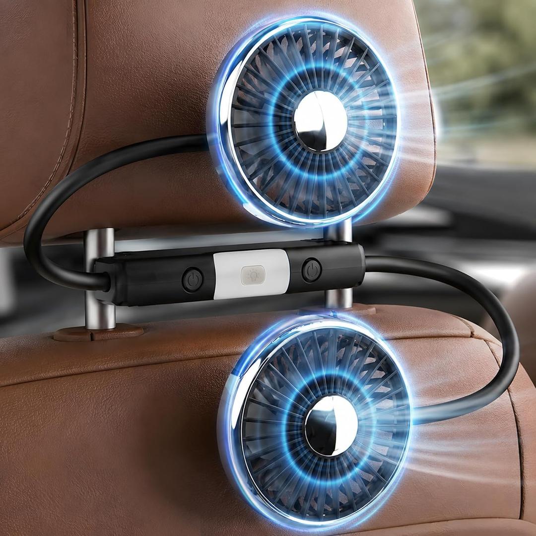 Car Fans for Backseat for Kids, Dual Head Car Fan USB Powered with LED Light, 360 Rotation, Quiet Brushless Motor, Child-Safe Design, Easy Installation for Car, SUV, Truck