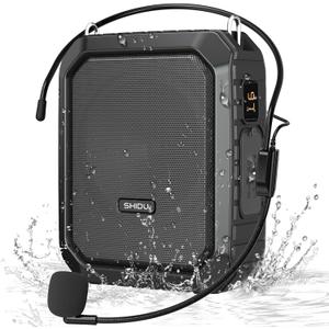 SHIDU Voice Amplifier for Teacher with Portable Microphone and Speaker, 18W Megaphone with Wired Mic Headset, IPX5 Waterproof & Rechargeable Bluetooth Speaker Systems for Tour Guide (NOT Wireless) (Black)