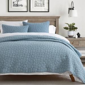 HORIMOTE HOME 100% Cotton Quilt Set King Size, Dusty Blue Pre-Washed Bedspreads Coverlet Set with Cobblestone Pattern, Cozy Lightweight Stitching Decorative Bedding Cover for All Seasons