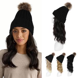 HOOJIH Hat Wig, Hat with Hair Attached Wavy Curly Black Knitted Beanie Wig with Faux Fur Pom 12 Inch Synthetic Hairpiece for Women - Black Brown