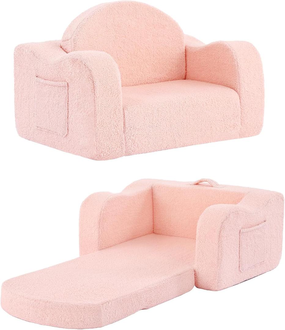 Tiita Kids Chair Couch, Folding Toddler Comfy Sofa Chairs, 2-in-1 Kids Plush Sofas Fold Out, Baby Armrest Chair Sofa to Lounger, Convertible Play Sofas to Bed for Girl or Boy, Pink