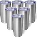 20oz Tumbler Bulk Stainless Steel Tumblers with Lid Vacuum Insulated Double Wall Travel Coffee Mug Powder Coated Tumbler Cup for Hot and Cold Drinks(Stainless Steel, 6 pack)