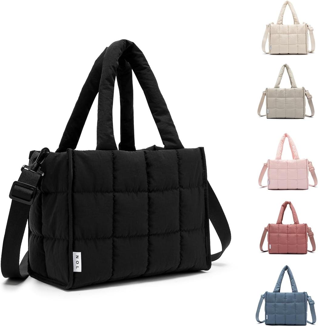 NOL Natural Organic Lifestyle Women's Nylon Lunch Cooler Quilted Tote Bag Puffy Insulated Lunch Bag for Women, Lightweight Waterproof Lunch Box for Work, Picnic, Outdoors,Black