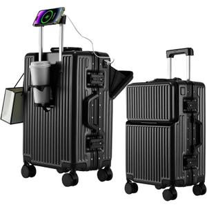 2-Piece Hardshell Zipperless Luggage Set, 20/26" Aluminum Frame Hardshell Spinner Luggage, Airline Approved Carry-On Luggage, TSA Lock, 360 Quiet Wheels With Cup Holder (Black), Medium