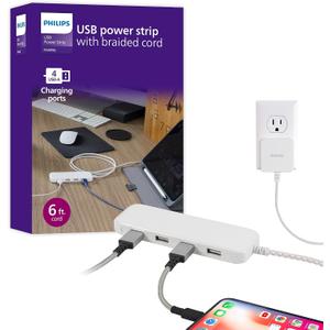 Philips 24W USB Extension Cord Power Strip Charging Station, for IPhone 11/Pro/Max/XS/XR/X/8, iPad Pro, Samsung Galaxy S10/S9/Plus, Google Pixel, USB-A, 6 ft. Braided Cord, DLK2506/27