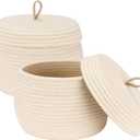Sea Team Round Cotton Rope Storage Basket with Lid, Decorative Woven Storage Bin, Pot, Caddy, Organizer, Container for Snacks, Towels, Plants (Cream, Small/2-Pack)