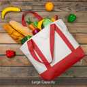 TOPDesign 1-Pack Canvas Tote Bag with an External Pocket, Reusable Grocery Shopping Bag, Top Zipper Closure, Daily Essentials (Red/Natural)