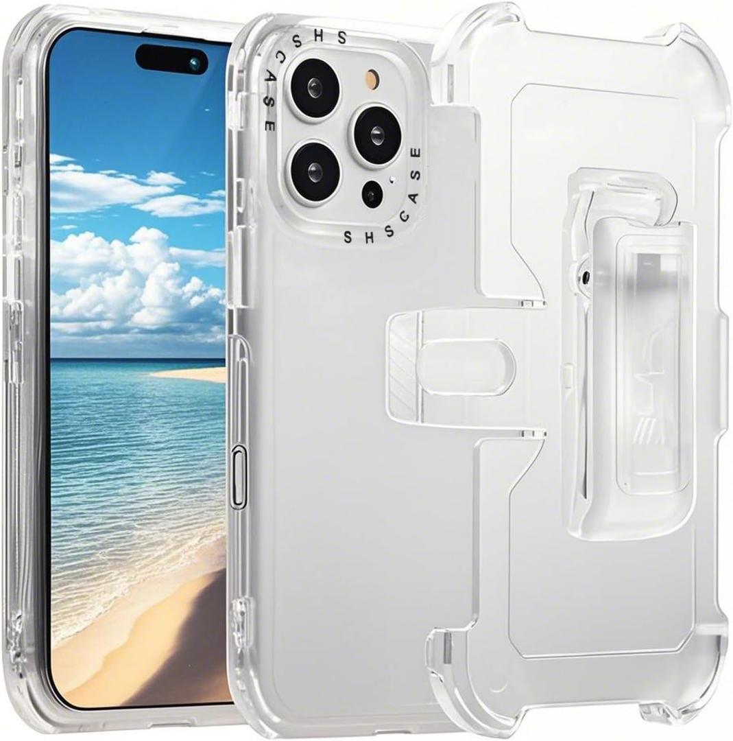 CCSamll for iPhone 15 Pro Case Crystal Clear with Belt Clip Holster, Military Drop Protection Cover Shockproof with Kickstand Phone Case for iPhone 15 Pro BLF Transparent Black