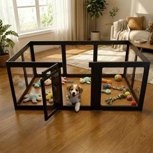 Transparent Indoor Dog Playpen with Safety Lock, Indoor Dog Fence for Small & Medium Pets | Secure, Stylish, Easy Clean Play Pen for Dogs & Pets with Scratch Resistant Panels (Black, 10 Panel)