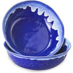 roro Handmade Ceramic Stoneware Glossy Seafoam Stylish Blue Wavetop Bowls, 7 Inch Wide | Set of 2