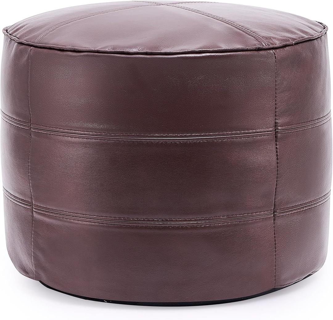 VONLUCE Stuffed Round Pouf, Genuine Leather Pouf Ottoman, Handmade Prefilled Hassock Footstool, Moroccan Style Luxury Foot Rest for Living Room Bedroom Kid Room, 18.9 x 18.9 x 14.6 in, Dark Brown