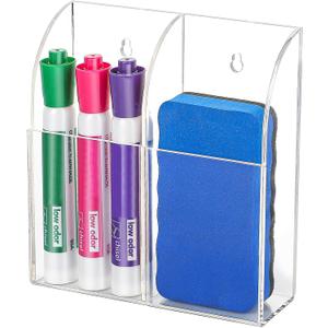 MaxGear Wall Marker Holder & Remote Control Organizer  Clear Acrylic 2-Compartment Dry Erase Board Marker & Pen Holder for Wall Mount, Includes Adhesive & Screws for Home/Office/Classroom