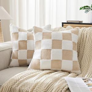 Ohocut Checkered Jacquard Shag Throw Pillow Covers, Pack of 2 Fluffy Beige Sand Cute Decorative Boho Aesthetic Soft Checkered Throw Pillow Cases for Couch Sofa Bedroom,20x20 Inch
