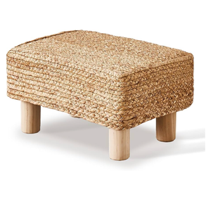 Wimarsbon Natural Seagrass Footstool Ottoman Rectangular Footrest Pouf Ottomans with Wooden Legs Hand Weave Step Stool for Living Room Bedroom Entryway Natural White