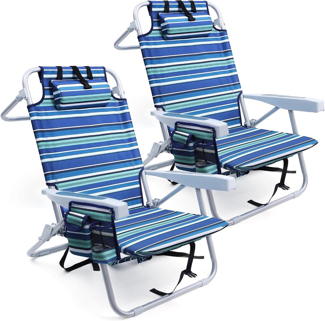Yestomo Beach Chairs for Adults Heavy Duty, Compact Portable Lay Flat Folding Chair with Backpack Straps and Large Cooler Pouch, Support to 350LBS (2 Pack Stripes_Blue&Cyan)