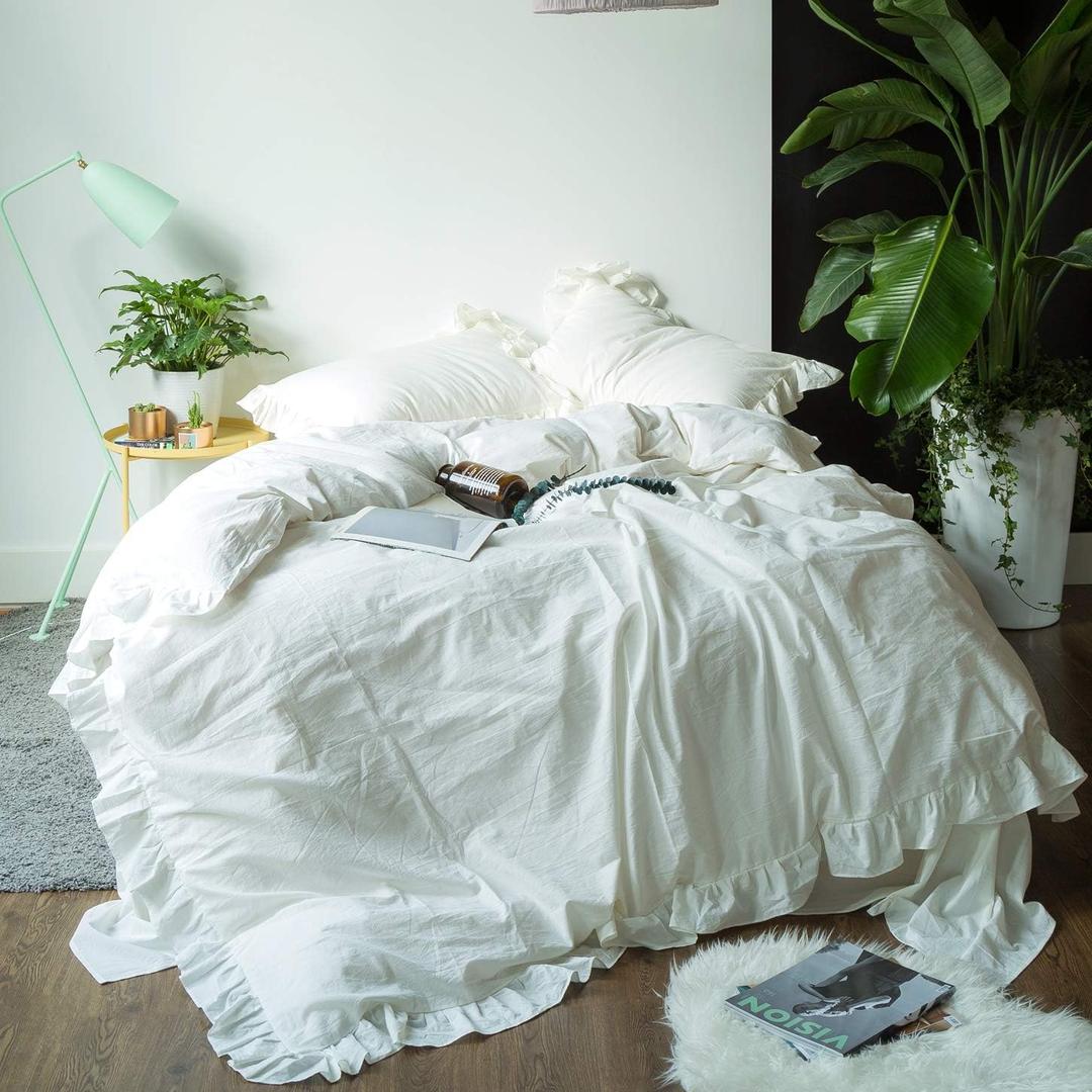 SUSYBAO White Vintage Ruffle Duvet Cover Queen 100% Washed Cotton White Farmhouse Duvet Cover Set 3 Pieces 1 White Lace Duvet Cover with Zipper Ties 2 Pillow Shams Luxury Soft Shabby Chic Bedding Set