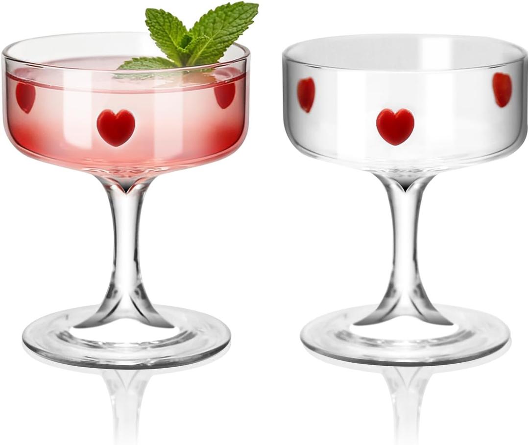 2PCS Icon Coupe Glasses High Borosilicate Glass Party Glassware, Durable & Lead-Free Decorative Drinkware, Unique Gift for Wine Lovers, Party & Home Bar Use (Coupe Glasses, Red Heart)
