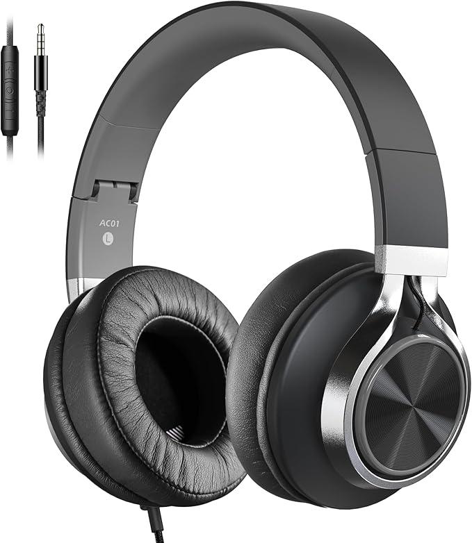 COOSII AC01 Headphones Wired Over Ear, Corded Stereo Headsets with Microphone Volume Control for Adults Teens Kids 3.5mm for Cellphones, Tablets, Laptop, Chromebook (Black Grey)