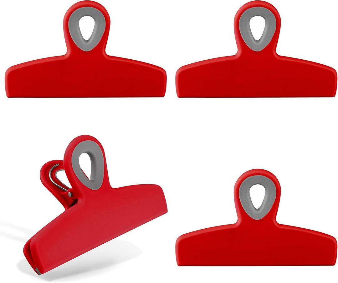 COOK WITH COLOR Bag Clips - Heavy Duty Chip Clip and Refrigerator Magnet for Food Storage with Air Tight Seal Grip, Bright Colors, Pack of 4 Large. (Red)