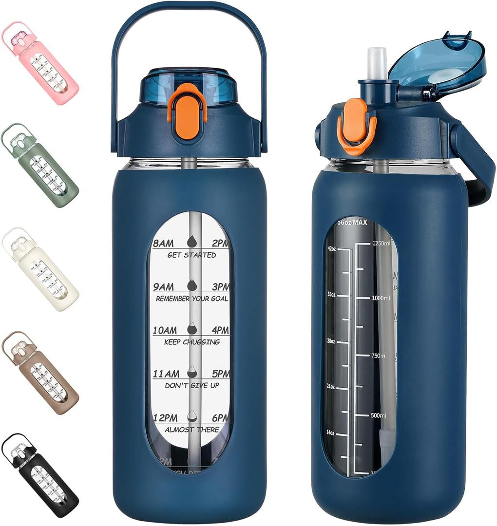 kytffu 56oz Glass Water Bottles with Straw, Motivational Glass Bottle with Silicone Sleeve and Time Marker, Leakproof Large Glass Water Jug for Gym Home Office,Blue