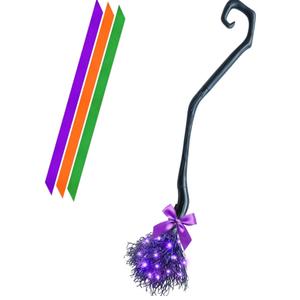 Lighted Witch Broom with LED Purple Lights Halloween Black Witches Broomstick with Ribbons Broom Props Good Witch Costume Accessories for Halloween Costume Party Decoration