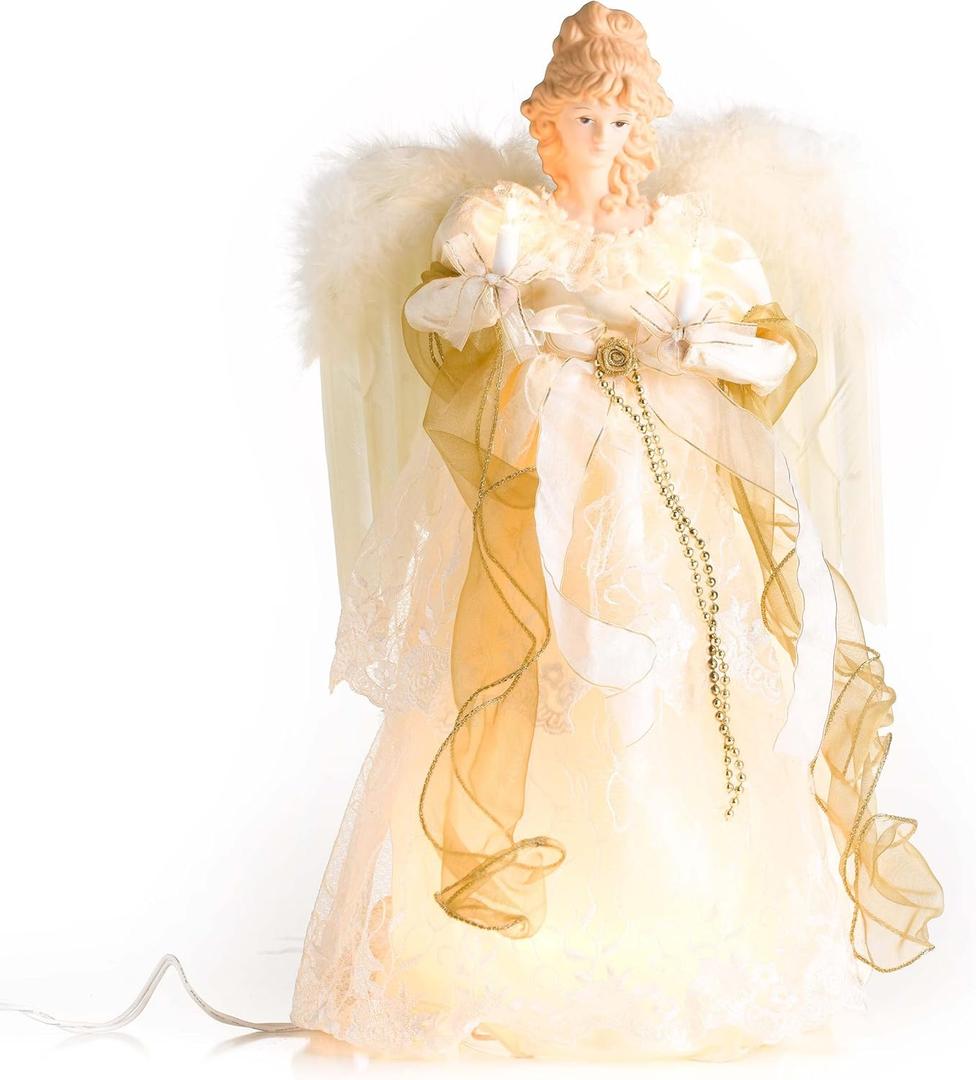 Kurt Adler UL2163 10-Light 16-1/2-Inch Ivory and Gold Angel Treetop