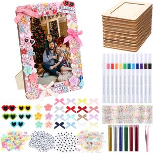 Suncalla DIY Wooden Picture Frames Craft Kit 4 x 6 Inch Wooden Picture Frames with Acrylic Pens Beads Mini Charms Gem Stickers Glitter for Crafts Graduation Birthday Wedding(10 Pcs,Rectangular Shape)