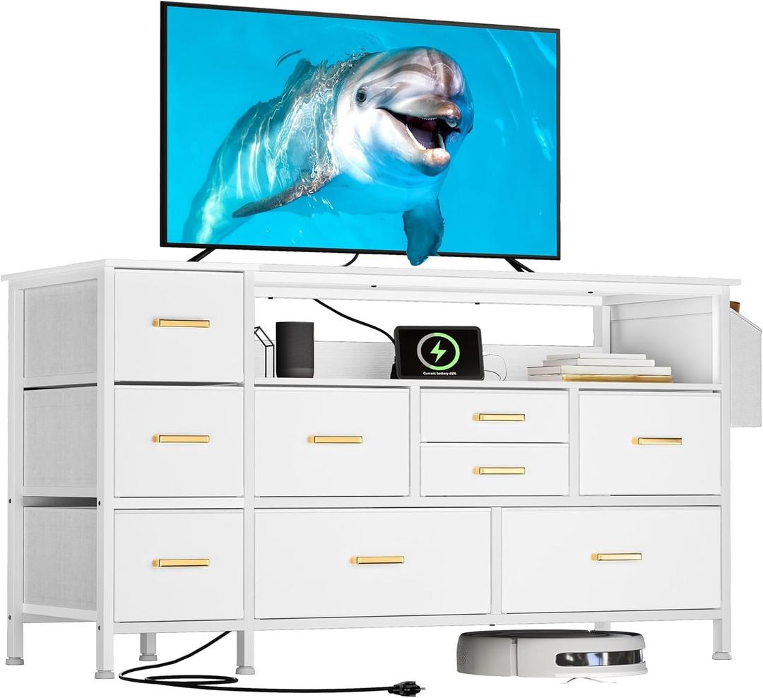 YITAHOME Dresser TV Stand for 55'', 9-Drawer Dresser with Power Outlet, Wide White Drawer with Metal Handle and PU Finish