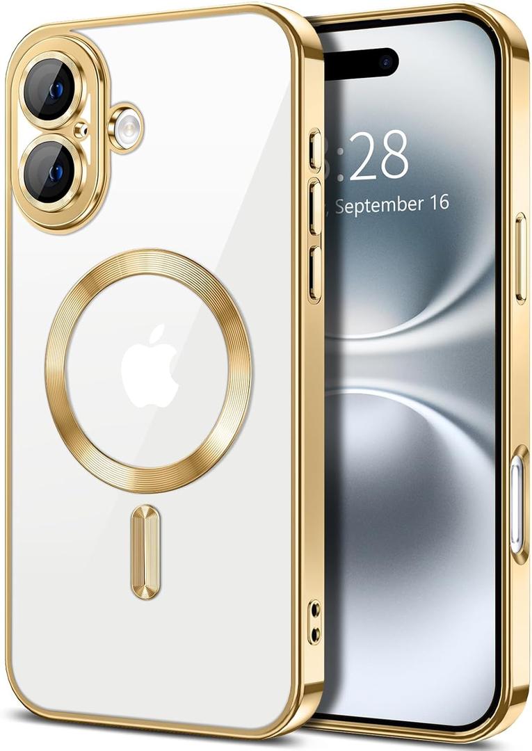 Hython Magnetic Clear for iPhone 16 Case with Camera Lens Protector [Compatible with MagSafe] Luxury Plating Edge Slim Soft TPU Cover Protective Phone Case for iPhone 16 6.1", Gold