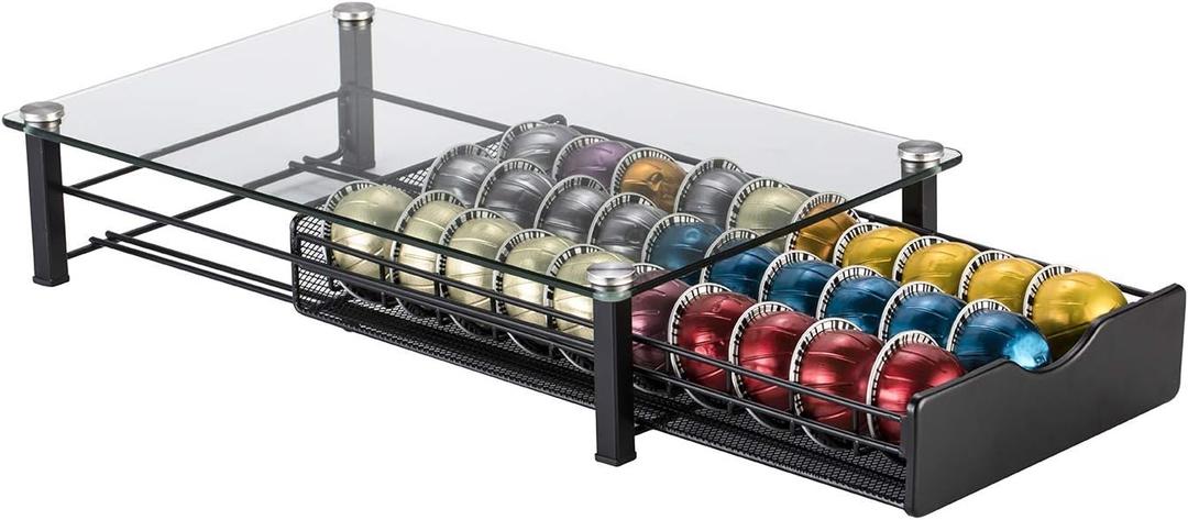 Rice rat Vertuo Capsule Holder Drawer for Nespresso With Glass For Cabinet Vertuoline Pod Storage Rack For Counter (Class-30 Pods)