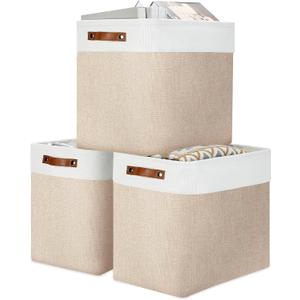 DULLEMELO Large Storage Baskets for Organizing, Canvas Storage Bins Big Baskets With Handles for Shelf Clothes Empty Gift Basket (White&Khaki)
