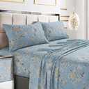 Tribeca Living King Bed Sheet Set, 300 Thread Count Soft Cotton Sateen, Floral Print with Extra Deep Pockets, 4-Piece Bedding Set, Colmar Sky Blue/Multi