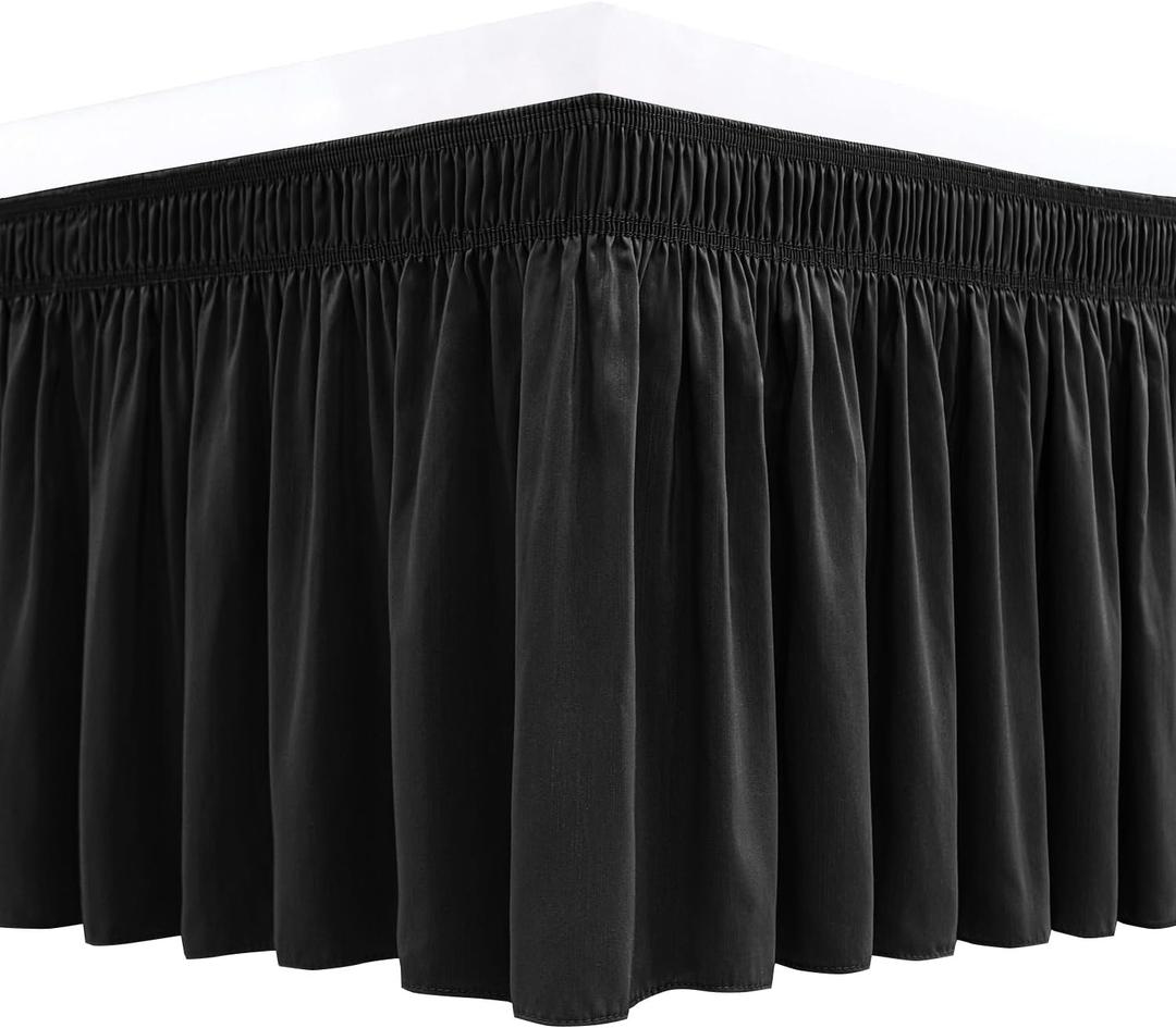 Biscaynebay Wrap Around Bed Skirts for Queen Beds Short Drop of 12", Black Adjustable Elastic Dust Ruffles Easy Fit Wrinkle Resistant Silky Luxurious Fabric Machine Washable