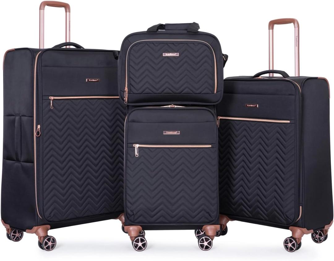 Travelhouse Luggage Set, Softside Suitcase 4-Piece (16/20/24/28), Expandable Lightweight Luggage Sets with Duffel Travel Bag, Suitcase with Double Spinner Wheels (Black)