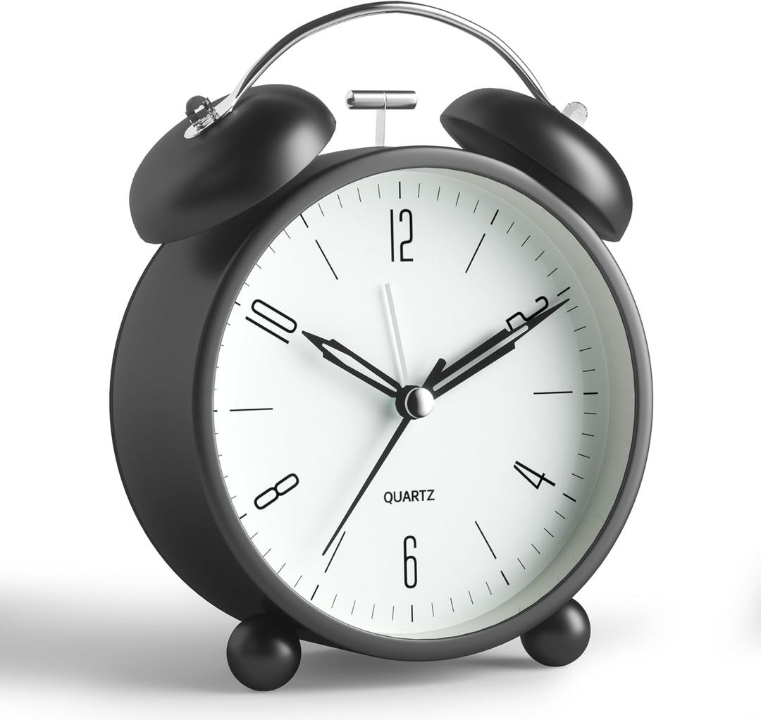 Twin Bell Loud Alarm Analog Alarm Clock, 4 inch Super Silent Non Ticking Small Clock with Night Light, Battery Operated, Simple Design, Old Fashioned, for Heavy Sleeper, Bedroom, Bedside, Desk, Black