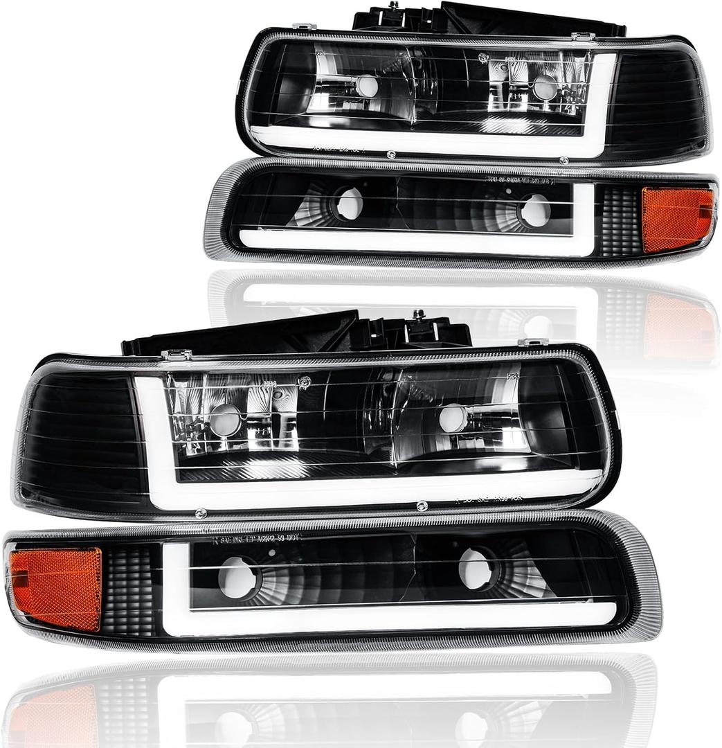 LED DRL Headlight Assembly, Headlights Kit Compatible with 1999-2002 Chevy Silverado 1500 2500/2001-2002 Silverado 1500HD 2500HD 3500HD Replacement Headlamp Black Housing Amber Reflector