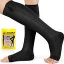 Ailaka Zipper Compression Socks for Women Men, 20-30 mmHg Open Toe Compression Socks Knee High, Ted Hose Compression Stockings for Edema, Varicose Veins (2X-Large (1 Pair), Black)
