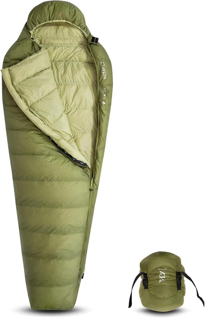 ATEPA Elements 450 Down Mummy Sleeping Bag for Adults, 0 Degree 700FP Backpacking Ultralight Cold Weather Sleeping Bag with RDS Down & Recycled 15D Nylon Shell for Camping Hiking, ISO Limit 35F (Comfort: 42.8F , Limit: 33.8F, Green)