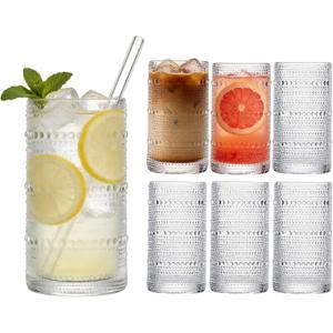 Large Hobnail Drinking Glasses Set of 6, 16oz Clear Highball Glasses Embossed Boho Water Glass Cups, Kitchen Bar Tumbler Glassware for Cocktail, Juice, Whiskey, Milk and Various Mixed Drinks