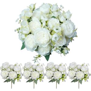 4 Bundles Silk Peonies Artificial Flowers, White Fake Peony Flowers for Centerpiece, Bulk Faux Peonies Bridesmaids Bouquet for Floral Arrangements Wedding Home Indoor Table Dcor