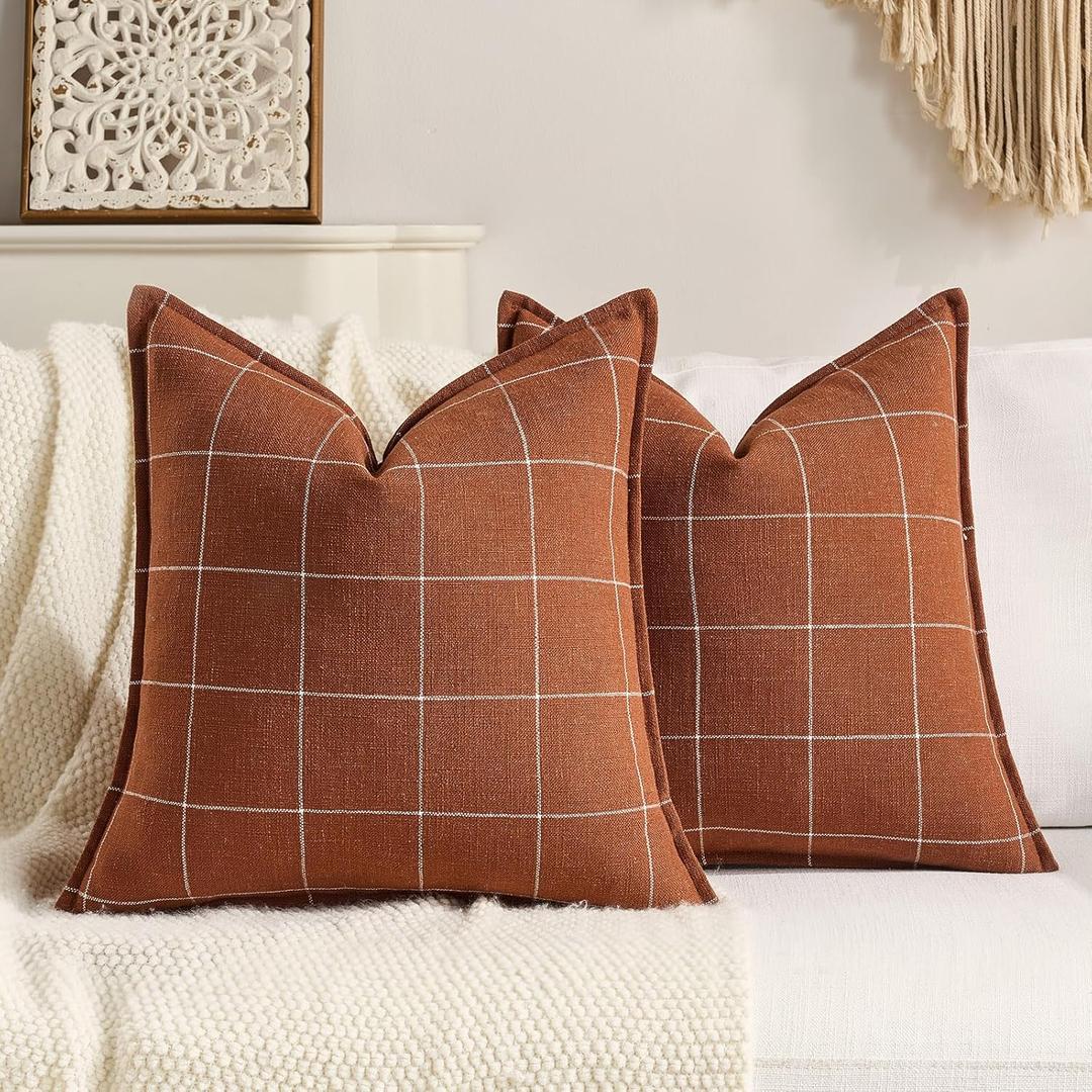 Rustic Farmhouse Decor Terracotta Plaid Throw Pillow Cushion Covers 18x18 Set of 2, Boho Decor Rust Decorative Throw Pillows 18 x 18, Burnt Orange Chenille Pillow Covers For Sofa and Couch