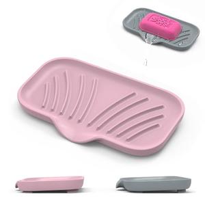 Jalopink 2 Pack Soap Holder with Drain - Self Draining Waterfall Soap Dish & Sponge Holder for Kitchen Sink Organizer, Non-Slip Dish Soap Tray for Dispenser Bottle, Gray Pink, 6x3.4 Inches