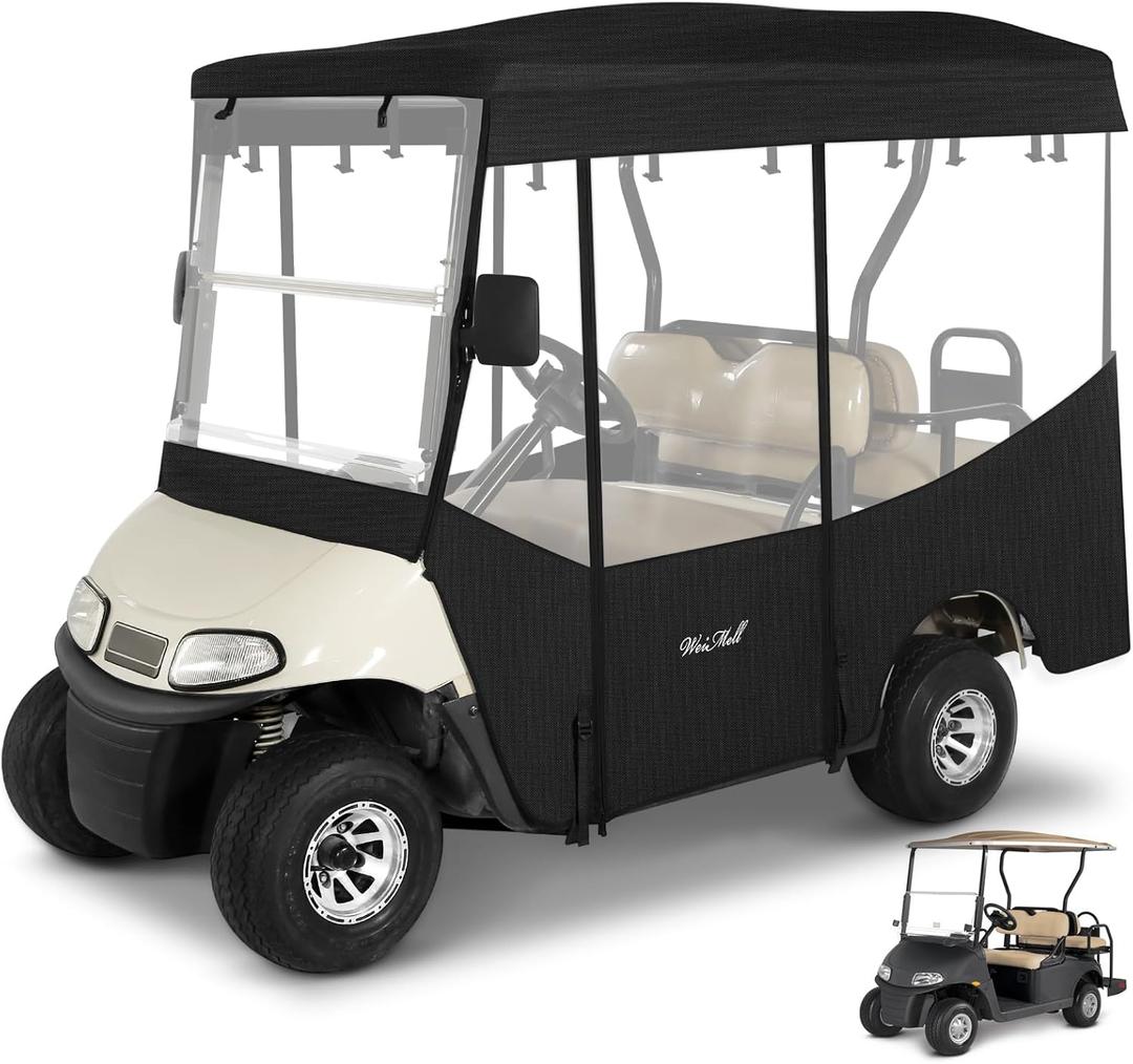 Golf Cart Enclosure 4 Passenger for EZGO RXV 2+2 600D Waterproof Windproof Driving Rain Cover Fit 4-Seater 80" Extended Roof 4-Sided Clear Windows Roll-up Door Black