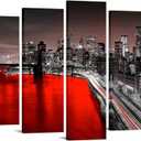 LevvArts Extra Large New York City Wall Art Canvas Brooklyn Bridge Night View Picture Print Black and Red City Painting for Home Office Living Room 70" W x 32" H Overall (Red) 7 PCs