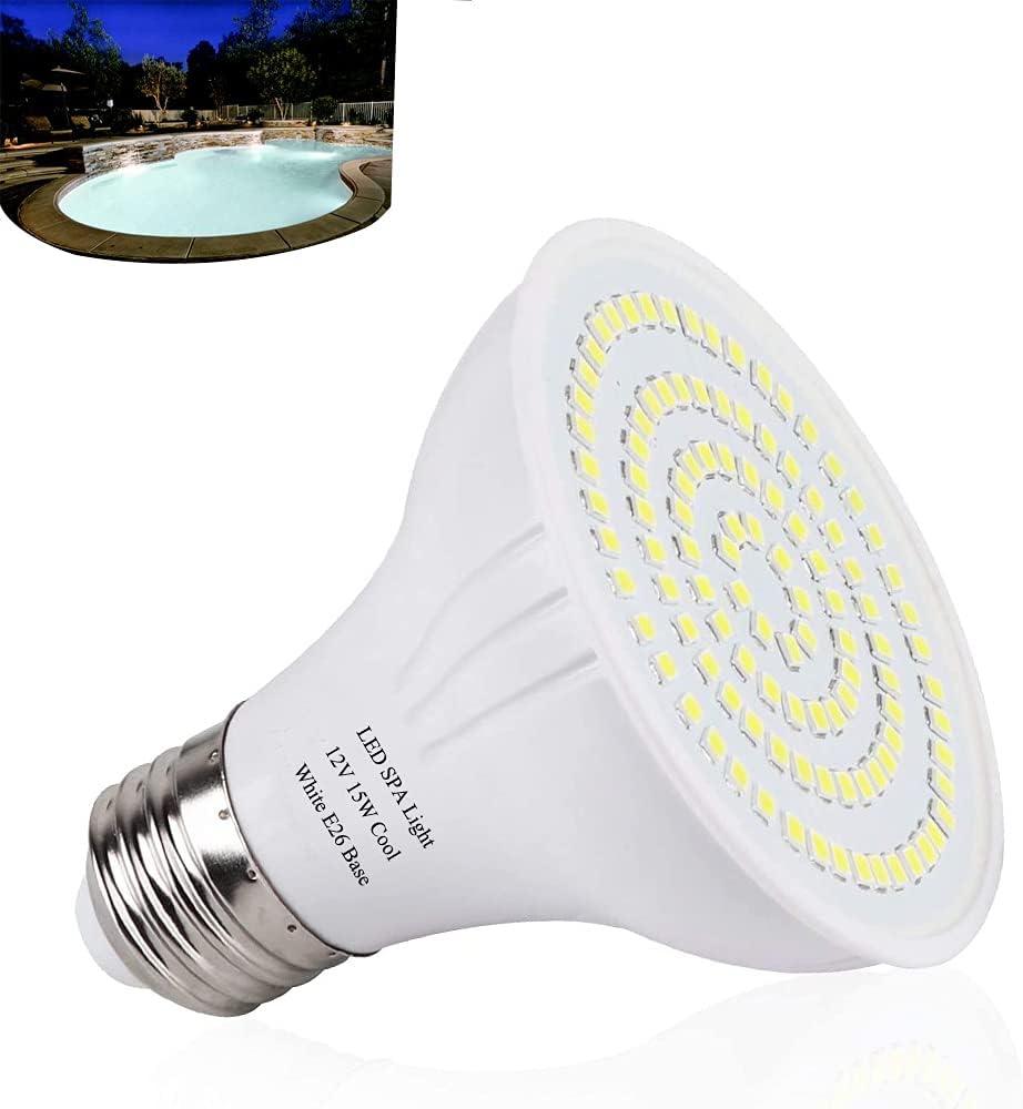 12V LED Spa Light Bulb Daylight White 15W 1500Lumen 6000k Spa Bulb E26 Hot Tub Replacement for Pentair Hayward Underwater Light Fixtures Replace up to 100-300W Halogen Bulb