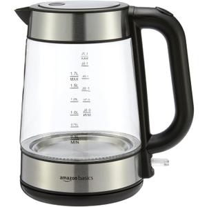 Amazon Basics Electric Kettle with Glass Carafe for Tea and Coffee, BPA-Free, Fast Boiling, Auto Shut-Off, Boil-Dry Protection, Water Level Indicator, 1.7 Liter, 1500W, Black and Silver