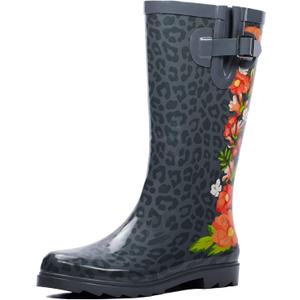 landchief Rain Boots for Women, Waterproof Ladies Tall Knee High Rubber boots,Comfort Garden Boots Anti-Slip Mid Heel Women Rain Shoes Outdoor (8, Red Flowers)