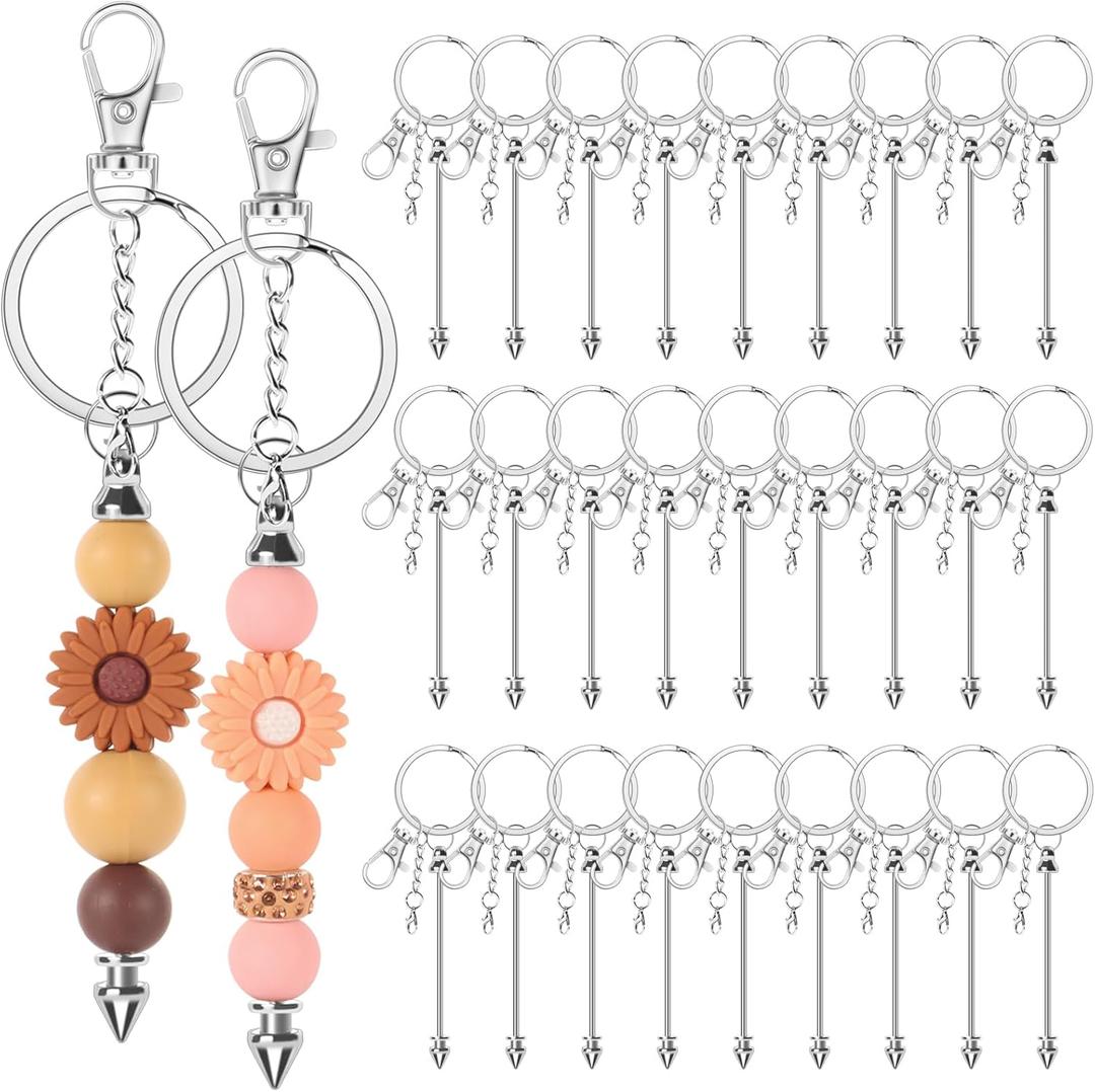 30 Pack Beadable Keychains Bars DIY Blank Beadable Keychains Metal Beaded Keychain Sliver Beads Keychain Making Kit for DIY Crafts Supplies Jewelry Making Gift