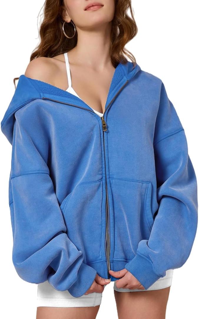 Dnzzs Womens Zip Up Hoodie Oversized Acid Wash Sweatshirts Heavyweight Fall Fashion Outfits Casual Jackets Winter Clothes (Large, Bright Blue)